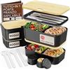 Umami Porta Pranzo Lunch Box Ermetico 4 Scomparti e Posate, Sicuro per Microonde, Lavastoviglie, Portapranzo Ufficio, Bento Lunchbox Prova di Perdite per Adulti, Pranzo, Nero Onice E Beige, 1500 ml