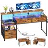 CAIYUN Scrivania per computer con 4 cassetti e prese integrate - Scrivania reversibile per home-office, tavolo da gioco con supporto per monitor e stampante, luce LED per la camera da letto (Marrone Vintage)