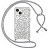 ZhuoFan Custodia con Cordino per iPhone 15 Plus 6,7, Trasparente Aesthetic Modello Leopardo Disegni Cover con Collana Grigio Antiurto Case Regolabile Cellulare Girocollo per Femmina, 04