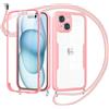 Jrkvniv Cover per iPhone 15 con Cordino,360 Gradi Trasparente Custodiacon con Protezione Schermo Integrata,Bumper Rugged Custodia con Regolabile Tracolla Corda Collana per 6.1-Rose