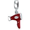 Bling Jewelry Parrucchiere Dresser Red Beauty Salon Hair Dryer Pendenti Goccia Bead Charm Per Donne Smalto .925 Argento Adatto Bracciale Europeo