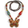 Avalaya - Collana con perline in ceramica multicolore e ciondolo a farfalla in legno, cordino di seta marrone, 70 cm, con leggere variazioni di colore/irregolarità naturali