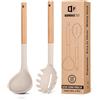 BUNDLEPRO Set di forchetta e mestolo in silicone con manico in legno, resistenti al calore, antiaderenti, utensili da cucina per cucinare, mescolare, servire spaghetti, zuppe, salse (cachi)