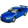 Generisch Welly modello auto compatibile con Nissan Skyline R34 GT-R blu 1998-2002 ca 1/34-1/39 Metal Model Auto Die Cast Nuovo in scatola