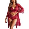 Avidlove Set di lingerie sexy da donna, 3 pezzi, reggiseno e mutandine con accappatoio Kimono in pizzo e camicia da notte in rete, Vino rosso, M