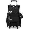 Tanou Zaino Trolley per Ragazzi, 28L Zaino con Ruote Scuola Media e Elementare, Borsa Trolley Staccabile Nero per il Ragazzo con la Portamonete, 6 Rotelle