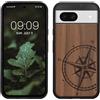 kwmobile Custodia Compatibile con Google Pixel 8a Cover - Back Case in Legno con Bumper in Silicone TPU - Bussola vintage marrone scuro