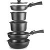 IBILI - Set batteria 9 pezzi Kompakto, padella 20-26 cm, padella profonda 26 cm, pentola 18-20 cm, coperchio 20-26 cm, 2 manici rimovibili, senza PFAS, alluminio pressofuso, impilabile, facile da