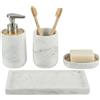 Kook Time Set Bagno 4 Pezzi con Vassoio - Dispenser Sapone (Pompa Lega di Zinco), Bicchiere, Porta Saponetta e Vassoio Organizzatore - Effetto Marmo e Bambù - Design Moderno