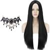 YOUYIKE Nera Parrucca da Donna Rettilinea, Con una Collana Gotica, Parrucca Addams, Parruccas Nera Lunga Dritta da Donna per Halloween, Parruccas da Strega, per Halloween Carnevale Cosplay