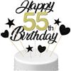 Conruich Decorazione per Torta di Compleanno 55 anni Uomo Donna, Cake Topper Happy 55th Birthday Oro Nero, Torta Torta Stella Cuore Nero per Decorazione Festa 55 anni Compleanno Donna Uomo