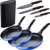 San Ignacio Set 3pc padella (16+20+24cm) alluminio pressato, induzione, blu Navy Paradise con set 4pc coltelli in acciaio inox con Tacoma/blocco coltelli