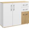 HOMCOM Credenza con 3 porte, 2 cassetti e ripiano regolabile, 90 x 30 x 75,5 cm, Bianco e legno naturale | Aosom Italy