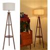 LuminexDesigns Lampada da Terra Treppiede in Legno con Ripiano, Piantana Vintage Rustica Retro in Noce con Paralume in Tessuto, Interruttore a Pedale, 154 cm, E27, per Soggiorno, Camera da Letto