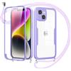 Jrkvniv Cover per iPhone 14 con Cordino,360 Gradi Trasparente Custodiacon con Protezione Schermo Integrata,Bumper Rugged Custodia con Regolabile Tracolla Corda Collana per 6.1-Viola