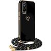 YAMCCCSE Cover per Vivo Y52 5G / Vivo Y72 5G con Collana Amore Cuore Custodia per Silicone Sottile Laccio Tracolla Case con Protezione Fotocamera Dorata Placcatura Cornice Paraurti, Nero
