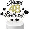 Conruich Decorazione per Torta di Compleanno 48 anni Uomo Donna, Cake Topper Happy 48th Birthday Oro Nero, Torta Torta Stella Cuore Nero per Decorazione Festa 48 anni Compleanno Donna Uomo