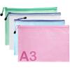 SagaSave Portafogli in plastica con cerniera, formato A3, 4 pezzi, con chiusura a zip, portafogli in rete, custodia impermeabile per documenti, scuola, ufficio, forniture da viaggio