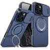 Mixroom - Custodia Cover per iPhone 13 Protezione Antiurto Militare con Supporto cellulare a stand Cavalletto ad Anello Magnetico Copertura Fotocamera Slide Scorrevole C07 Blu
