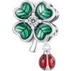 Qings Charm Ciondolo di Trifoglio per Braccialetto Argento Sterling 925 Verde Fortunato Quattro Foglia Ciondoli Perlina con Coccinella Regali di Gioielli di Compleanno per Donne Madre
