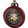 TREEWETO Orologio da taschino meccanico automatico in legno vintage per uomo e donna, quadrante scheletrato steampunk, con catena + confezione regalo, Marrone, Retrò