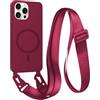 FMPCUON FNPCUON Cover Magnetica con Cordino per iPhone 14 Pro Max Compatibile con MagSafe,Ricarica Wireless, Placcatura Disegno Custodia con Collana Laccio Tracolla Regolabile Case.Rosso