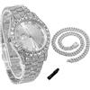 genkigold Orologio con Diamanti per Ragazzi - Quadrante Rotondo 43mm con Numeri Romani - Placcato in Platino Cinturino 20,5cm - Include Strumento di Regolazione, Abbinato a Catena Cubana 40cm