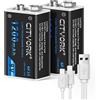 CITYORK Batteria ricaricabile da 9 V, 1200 mAh, ad alta capacità, 6F22, batterie agli ioni di litio con cavo USB, bassa autoscarica (confezione da 2)