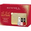 Rimmel London Kit Regalo Donna All That Glitters Collection - Pochette Small Glitterata con Smalto Nail Care Top Coat Ultra Shine, 60 Seconds 210 Ethereal e 315 Queen of Tarts