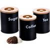 Relaxdays Barattoli da Cucina per caffè, Zucchero e tè, Set 3 Contenitori con Coperchio Ermetico, 14x11 cm, Nero bambù