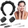 Yeria 1 Fascia Capelli Donna in Spugna per il Trucco, 2 Polsini in Pile per Polso, 4 Fermagli per Capelli - Accessori per la Cura della Pelle, Lavaggio e Doccia (Nero)