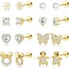 Adramata 8 Paia Argento 925 Orecchini Anallergici Bambina Farfalla Fiore Cuore CZ Orecchino Borchie Set Ragazza Donna Orecchini Chiusura Piatta Oro Argento