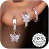Diamday 3 paia di orecchini a cerchio in argento 925, per donne e ragazze, in argento Sterling 925, con motivo a cuore e farfalle, ipoallergenici per la cartilagine da impilare
