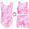 Gogokids Set di 4 body da ginnastica da bambina, con body con stampa floreale, top corto, pantaloncini e cravatta per capelli, abbigliamento da danza per danza, yoga, performance, età 3-12 anni, rosa
