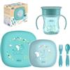 Chicco Set Pappa Svezzamento 12M+ Completo, Kit con Tazza, Ciotola e Piatto Piano Antiscivolo, Forchetta e Cucchiaio Ergonomici, Stoviglie Bambino Colore Blu, Idea Regalo 0% BPA