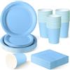 ZblPyro 120 Pezzi Blu Chiaro stoviglie per feste di compleanno per 30 Ospiti | 23 e 18 cm piatti carta, bicchieri carta, tovaglioli, baby shower maschio, compleanno in piscina, celebrazione estiva.