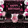 Obussgar Decorazione di compleanno rosa e nero - accessori per feste in rosa e nero, tra cui sfondo, piatti, decorazioni per torte, bicchieri, tovaglioli, palloncini, tovaglie, per 20 persone (BJ)
