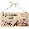 CREATCABIN Vita È Migliore I Gatti Cartello in Legno Rustico Targa in Legno Spago Iuta Gattino Stampa Decorativa Zampe Gatto Decorazione Parete Negozio Animali Ornamento Appendere alla 30x15cm