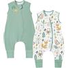Chilsuessy, confezione da 2 sacchi nanna con piedini, da 1,5 Tog, sacco nanna per tutto l'anno, tutina da sonno con gambe per bambini e bambine, da 1,5 Tog/Verde + animali della foresta, da 70 cm