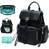 MISS FONG Borsa fasciatoio in pelle, zaino da viaggio per bambini, con fasciatoio, cinghie per passeggino, tasche isolanti, colore nero