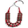Avalaya Collana in corda di cotone nero con perline di legno rosso/marrone, lunghezza 70 cm