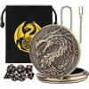 Keller & Weber Mini Set di Dadi DND, con Steampunk Drago Grande Cassa Orologio da Tasca, 7 pezzi in Acrilico Poliedrico D&D, Sacchetto Regalo DND con Logo Drago, Accessorio per Gioco di Ruolo, MTG, Bronze + Marrone