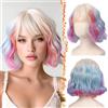BARSDAR Corto Ondulato Biondo Ombre Parrucca, Corto Ondulato Rainbow Parrucca con Frangetta Ricci Chic Colorato French Bob Parrucche Face-Framing Bangs Aspetto Naturale Sintetico Capelli Parrucche