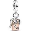 PANDORA Ciondolo Moments con lucchetto, chiave e cuore in argento Sterling e ciondolo placcato in oro rosa 14 k con zirconi cubici trasparenti e smalto nero
