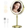 MATEPROX 8 Pollici Specchio da Trucco con Luci, Specchio Ingrandente 1X 10X, Girevole, Asta Regolabile con 3 Colori di Illuminazione, Sensore Touch, Supporta la Ricarica USB-Oro