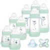 MAM Biberon Set Neonato con 8 biberon anticolica Easy Start, 1 Ciuccio Original Start, 1 Beccuccio extra morbido e 1 Manico, Accessori neonati per ridurre bolle d'aria e il rischio di coliche, Verde