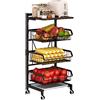Todeco Cesto di frutta e legumi con ruote, scaffale per verdure da cucina, 4 livelli con tavoletta, carrello portaoggetti con ruote bloccabili e vassoio, per cucina, frutta, verdura