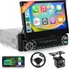 podofo Autoradio DAB+ 1 DIN con Wireless CarPlay Android Auto, schermo retrattile da 7, Autoradio 1 DIN Bluetooth/Comandi al volante/collegamento specchio/EQ/USB-C, Telecamera posteriore