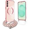 Pnakqil per Magnetica Cover per Samsung Galaxy S25 Plus con Cordino, Compatibile con MagSafe, Silicone Custodia con Laccio Tracolla, Elettrolitico TPU Case con Collana per Samsung S25+ 6.7, Rosa