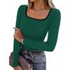 Aottori Shirt Donna Manica Lunga Scollo Quadrato Maglia Slim Fit Sexy Basic Tops a Coste Elasticizzata Maglietta Elegante Sottogiacca Tinta Unita Verde XS